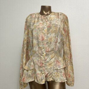 VTG Cream Ruffled Victorian Floral Top Blouse Shirt Size M Cottagecore Pastel